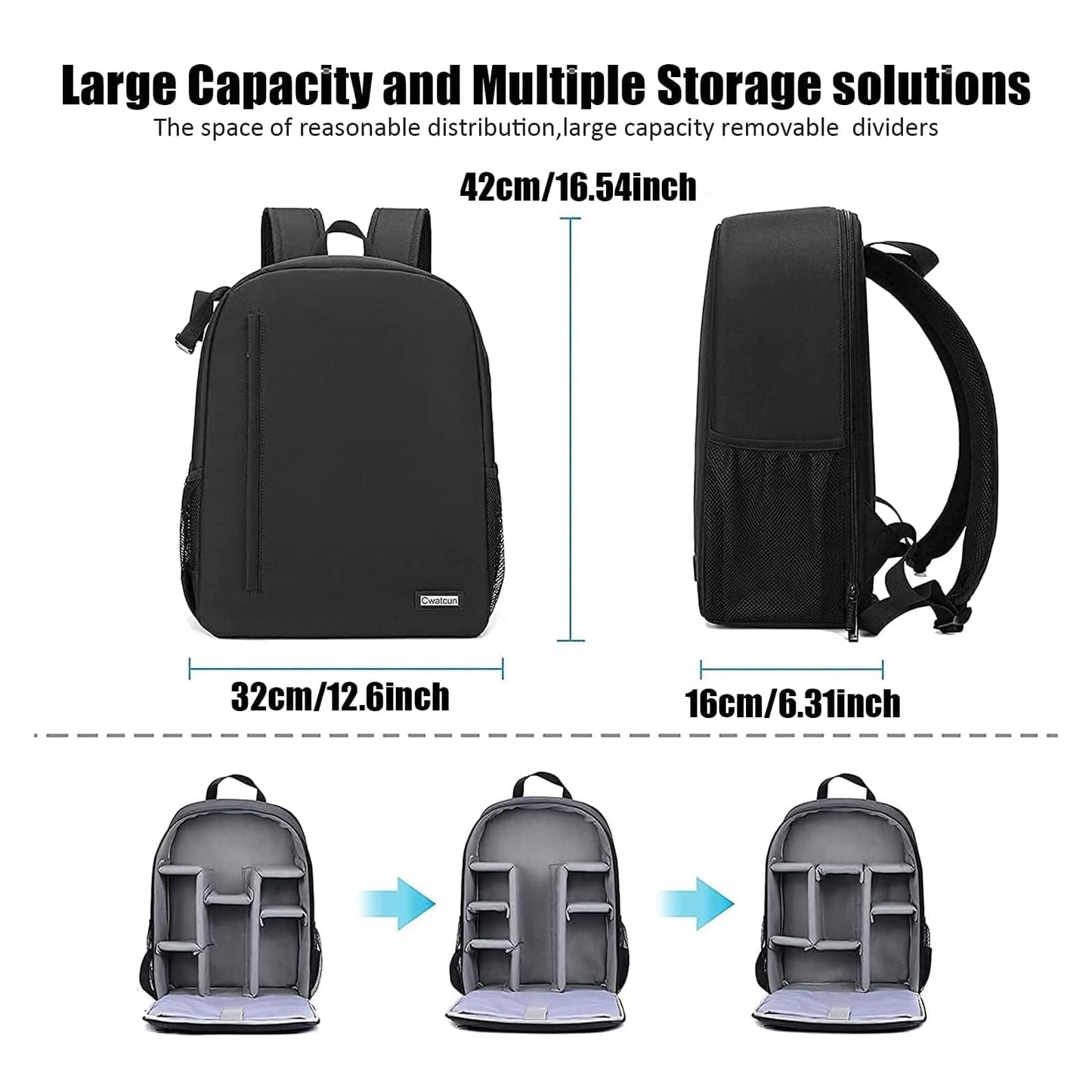 Cwatcun Camera Backpack Professional for mirrorless DSLR/SLR camera, waterproof, camera bag compatible for Sony Canon Nikon camera and lens tripod accessories (3.0 Black, L)