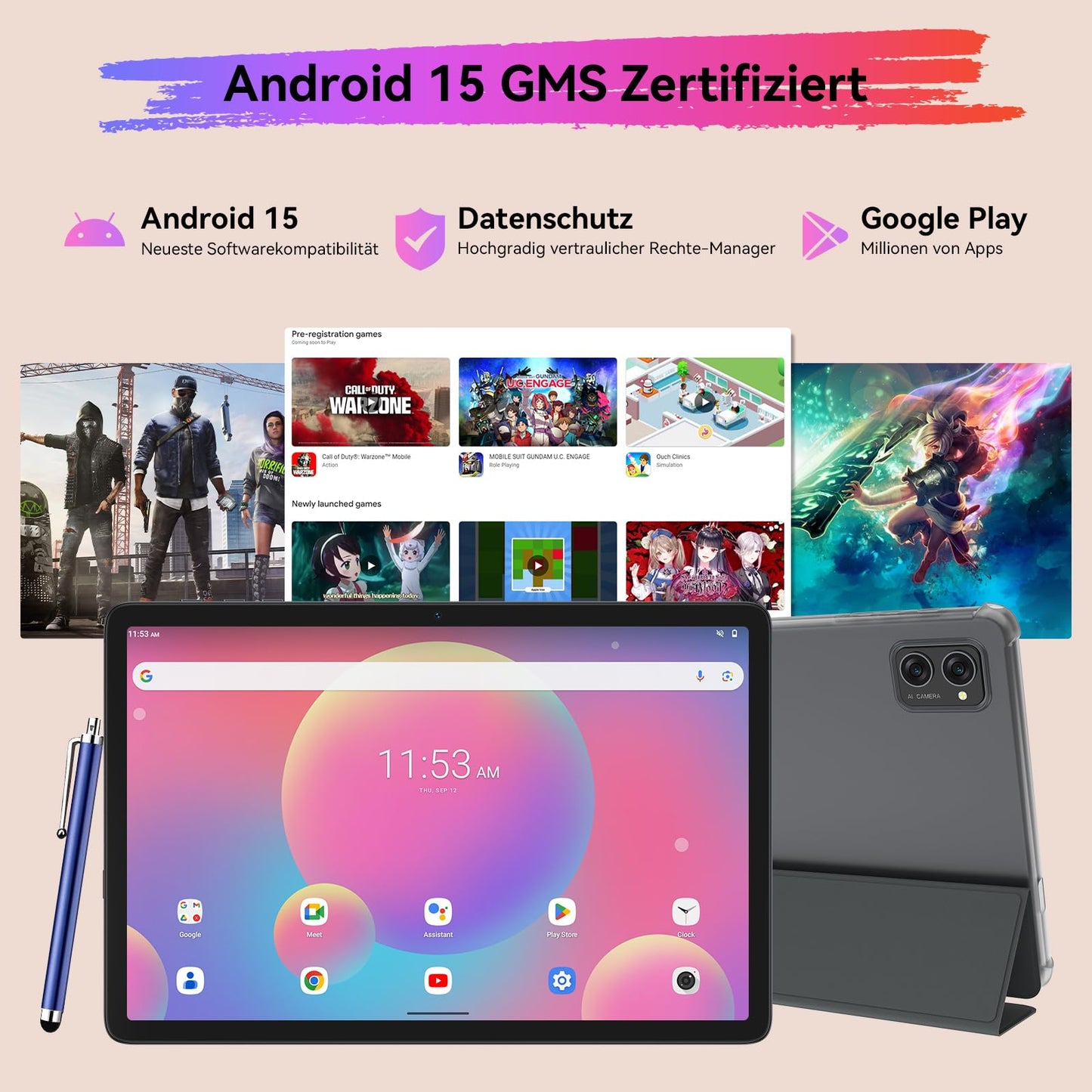 TABWEE Android 15 tablet with keyboard - 24GB RAM+256GB ROM (2TB TF), Octa-Core, gaming tablet 10 inches, 5000mAh, 8MP+5MP, Gemini AI, Widevine L1, 5G WiFi, GPS, Face ID (2-year warranty)