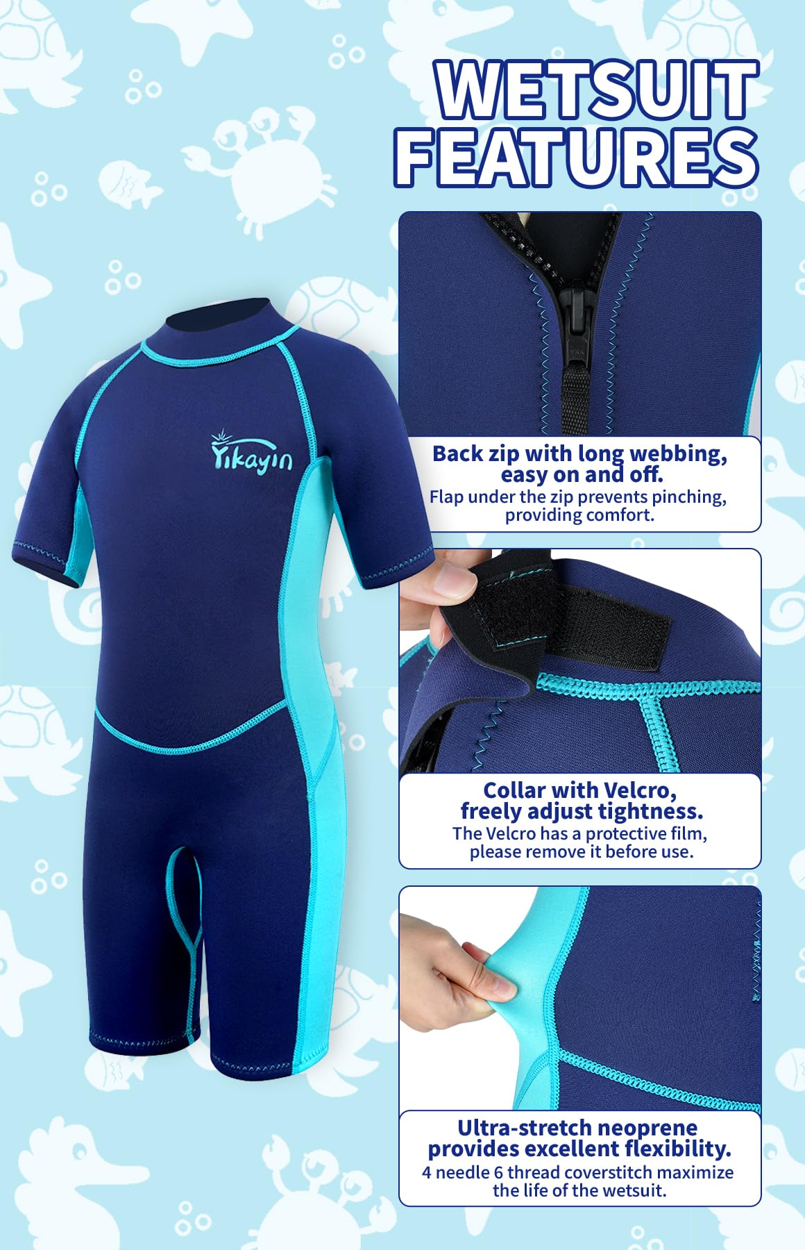 Yikayin Kids Neoprene Wetsuit Shorty, 2.5mm Neoprene for Boys Girls, Thermo UV Swimwear with back zipper for swimming lessons, diving, surfing, snorkeling.
