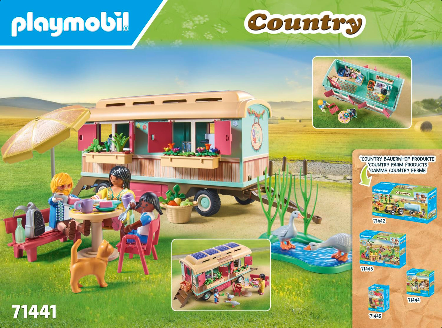 PLAYMOBIL Country 71441 Cozy Trailer Café, playful learning with lovingly designed trailer, detailed amenities, and a pond with geese, sustainable toy for children aged 4 and up.