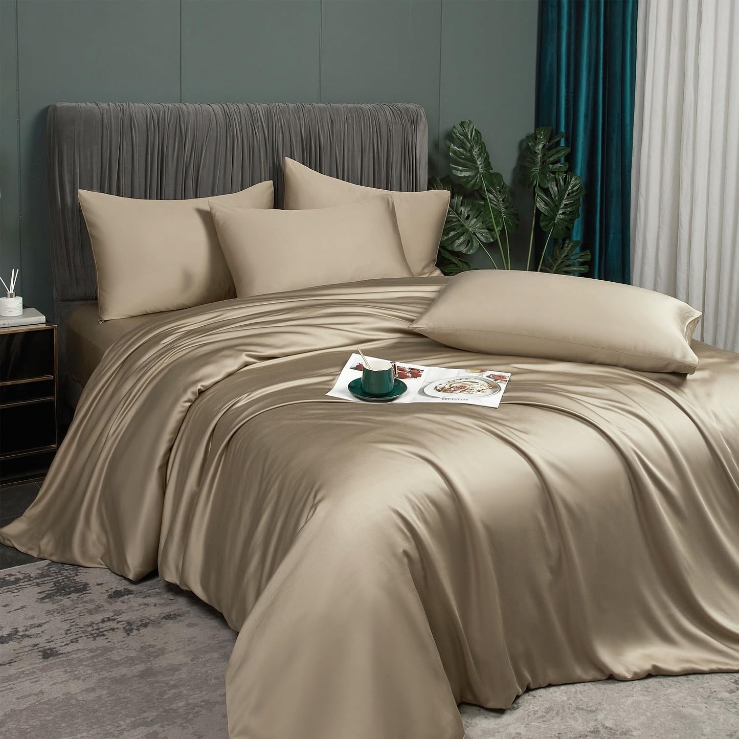 Luofanfei Bamboo Bedding 220x240 cm Gold Khaki Summer Cooling Solid Bamboo Lyocell Shiny Bedding Set Breathable Bamboo Luxury Duvet Cover and Pillowcases 80x80 cm with Zipper