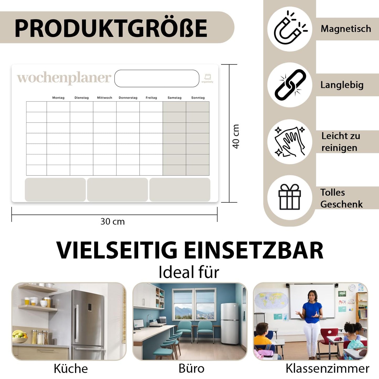 Organizely Magnetic Weekly Planner | Whiteboard for Fridge | Erasable Board for Organization | Includes 4 Markers & 10 Magnetic Wood Icons (Beech)