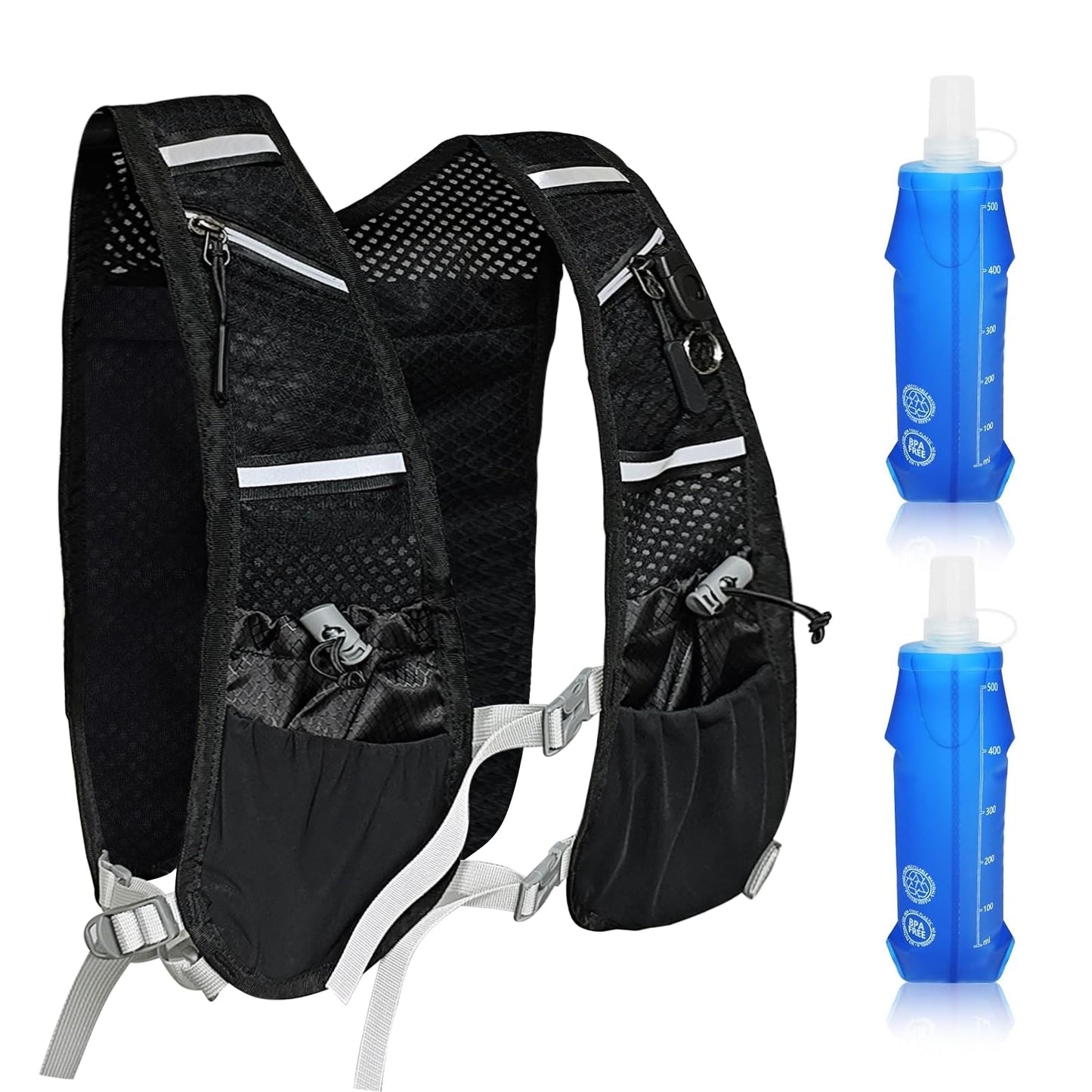 Running vest for women and men. Reflective hydration pack with 2 x 500 ML, adjustable chest straps, soft water bottles, front and back zipper backpack for cycling, hiking, running, outdoor activities.