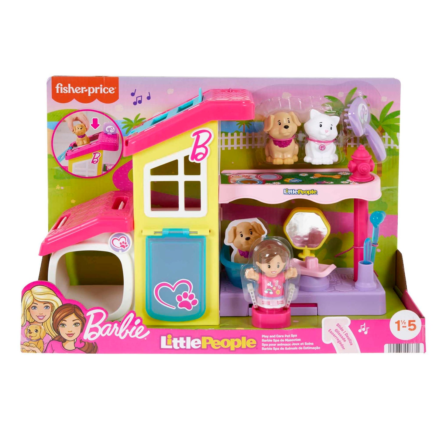 Fisher-Price Little People Barbie Toddler Playset and Animal Station with Spa and musical sounds, 4 pieces for kids ages 18 months and up, HJW76