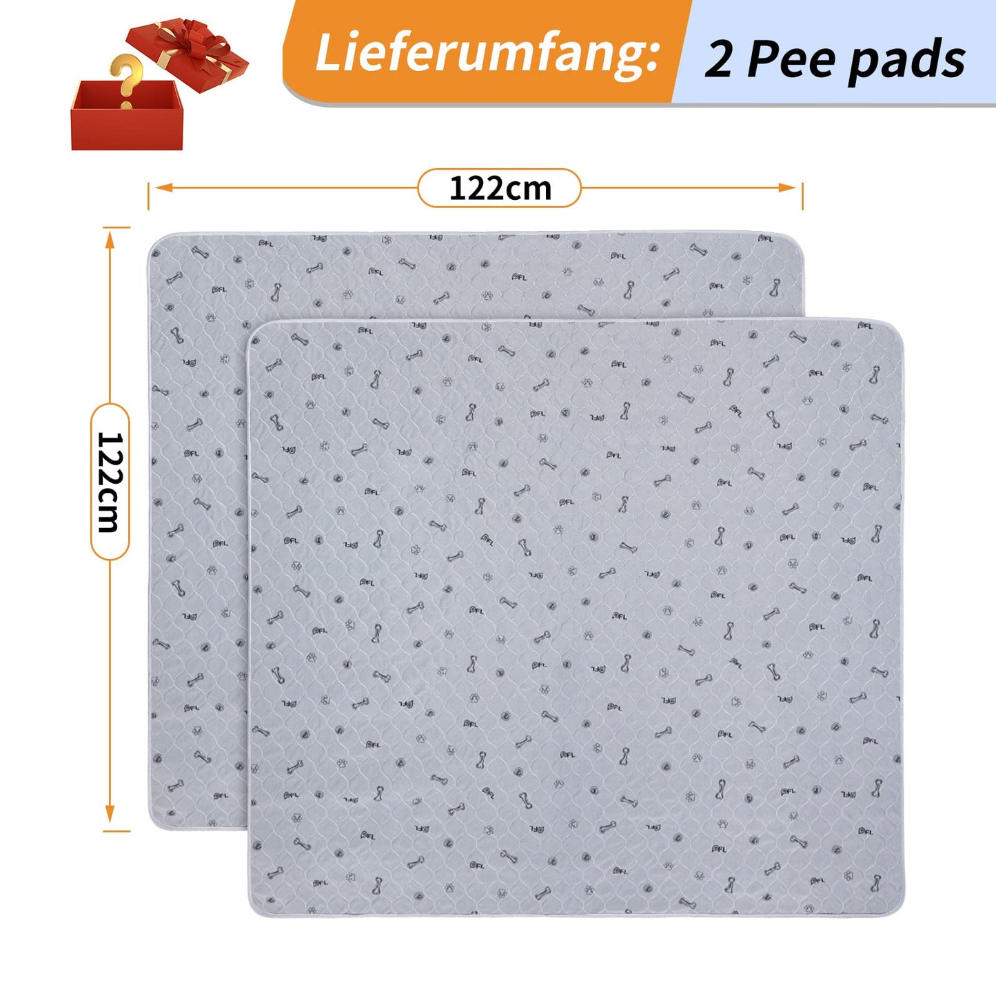 2 highly absorbent puppy pads, 122*122cm waterproof and washable puppy training pads, non-slip dog blanket for dog crate, sofa, and floor in grey color.