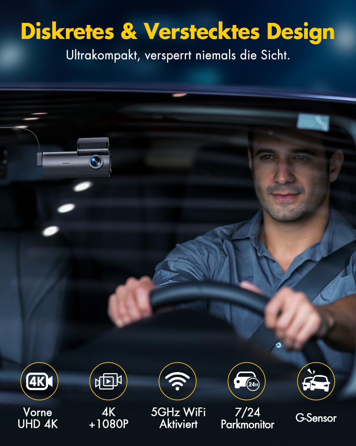 4K+1080P front and rear dash cam with 5GHz WiFi, 64GB SD card, parking monitoring, super night vision, WDR, 170° wide angle, G-sensor, loop recording, APP control, supports up to 256GB.