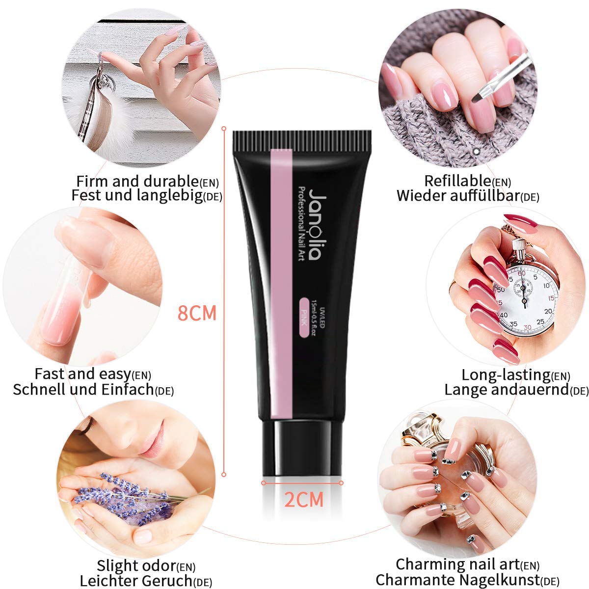 Janolia Nail Extension Kit for nails, Gel Builder Nails Starter Set for nail design with 15ml * 6 colors nail extension gel, base coat, top coat, very suitable for beginners.
