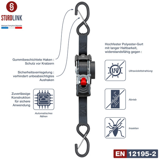 Automatic ratchet strap 3m 25mm with S hook 300kg/600kg | Set of 4 self-retracting ratchet straps | Automatic strap winder | Tie-down strap for car trailers, quads, motorcycles.