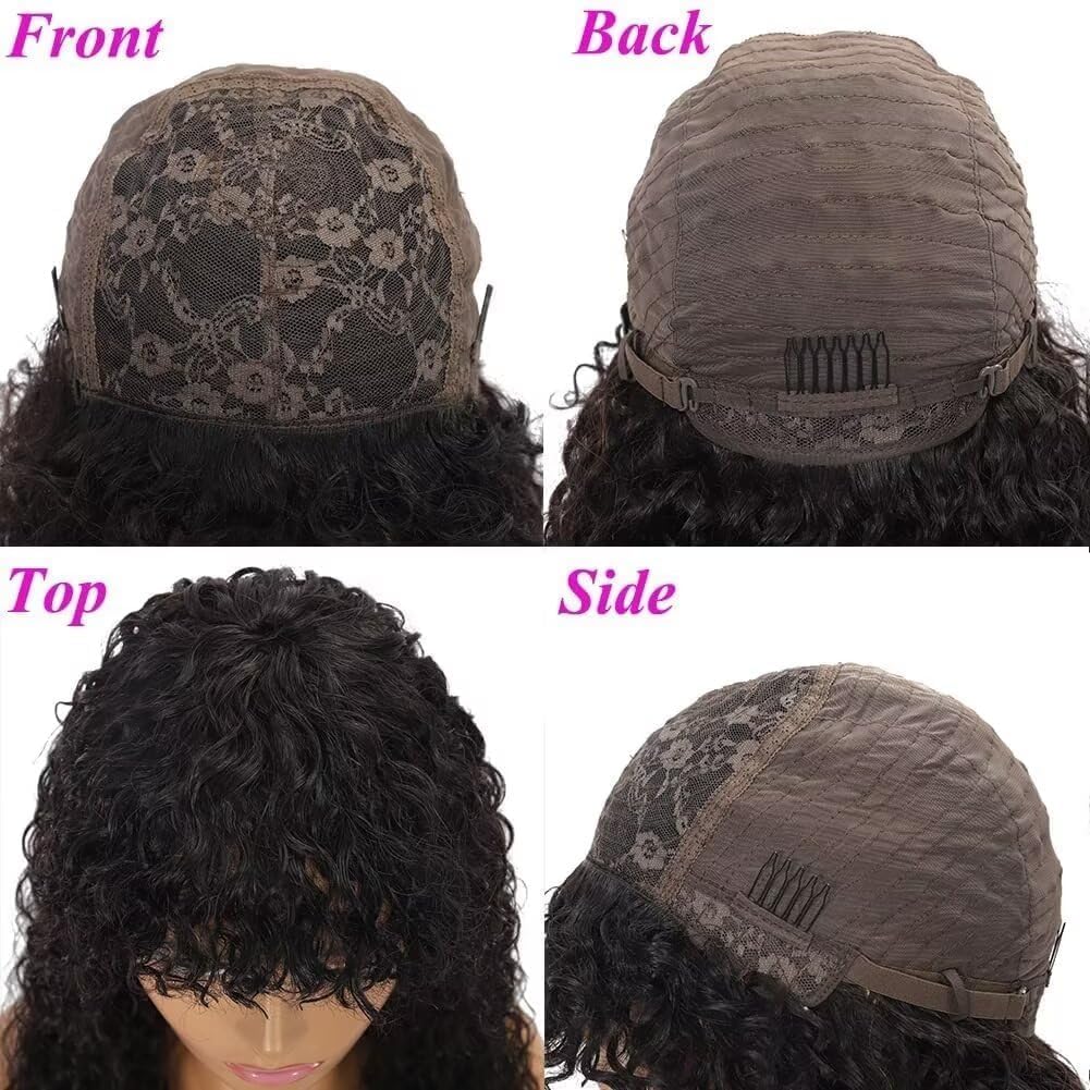 Real hair wig with bangs Short curly bob wig Real hair Jerry curl bob wig for black women 150% density Non lace front Glueless wig 10 inches (25 cm)