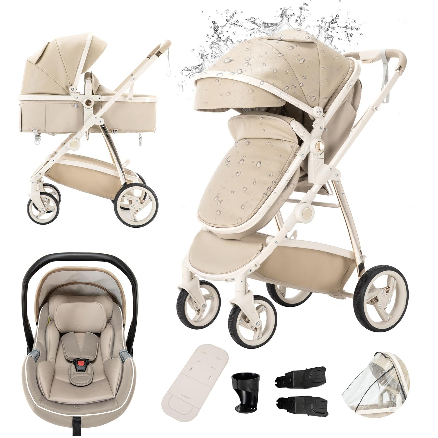 Gcarebb PU Leather 3 in 1 Stroller, Buggy with Car Baby Seat, One-click Foldable Portable Stroller Complete Set, Combo Stroller with Aluminum Frame for Newborns 0-4 Years