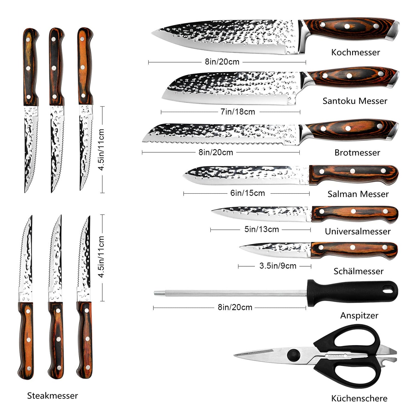 HOBO knife set, 15-piece knife block set, kitchen knife set with Santoku knife, chef's knife, bread knife, paring knife, steak knife, sharpener, Japanese stainless steel blades, water ripple texture, colored wooden handle.