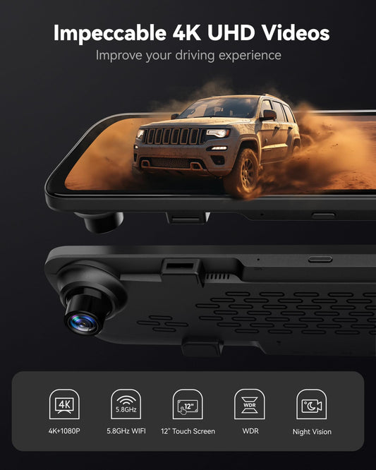 WOLFBOX 12" G840S 4K Mirror Dashcam with Rear Camera, 5.8GHz WiFi Car Camera with IPS Touchscreen Dual Dash Cam Mirror, Loop Recording and G-Sensor, Parking Monitor, GPS, Free 32GB Card.
