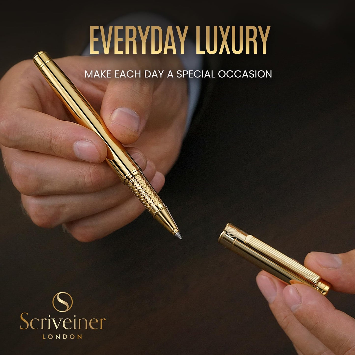Scrivener Rollerball pen High-quality rollerball pen with real gold plating, black Schmidt replacement refill, gift box, office set, Beautiful Professional (Gold)