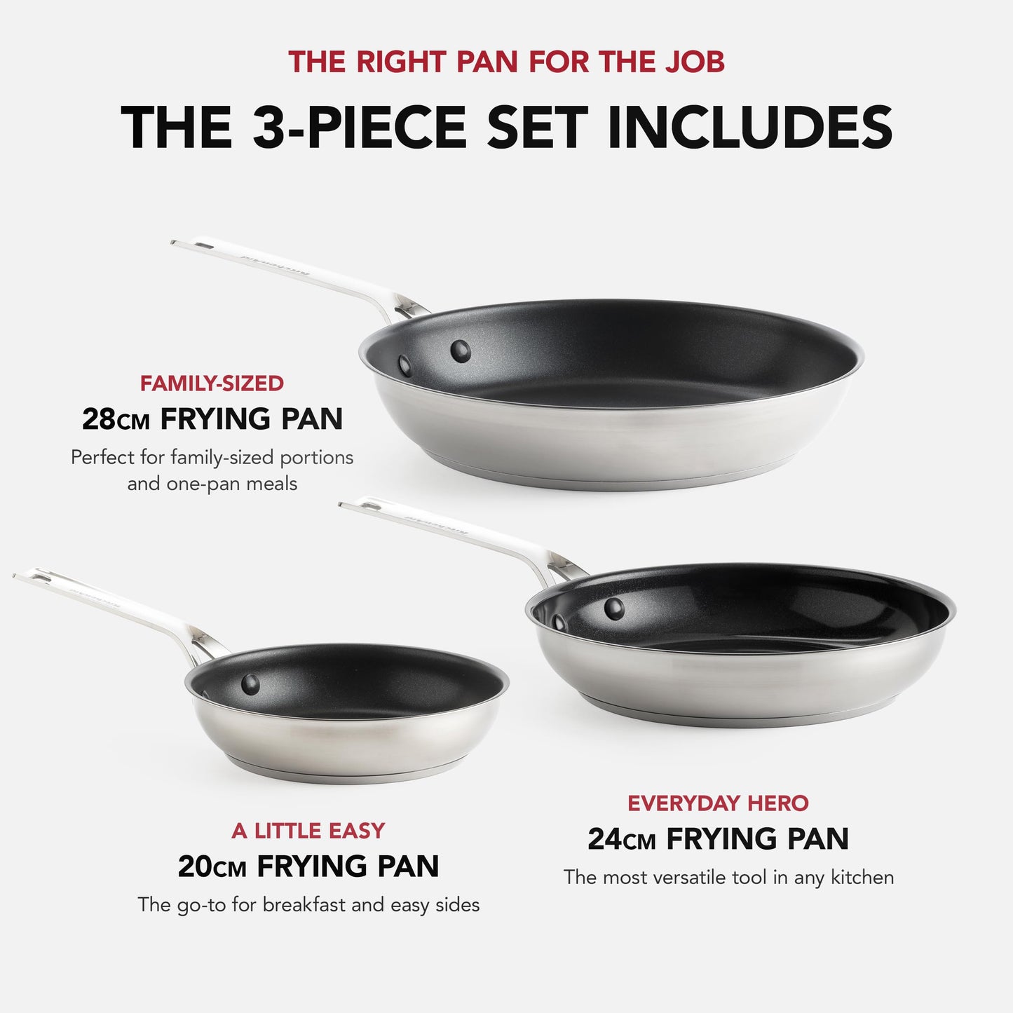 KitchenAid Stainless Steel 20cm, 24cm & 28cm Fry Pan Set, PFAS-Free Healthy Ceramic Nonstick Coating, Induction, Oven and Dishwasher Safe, Silver
