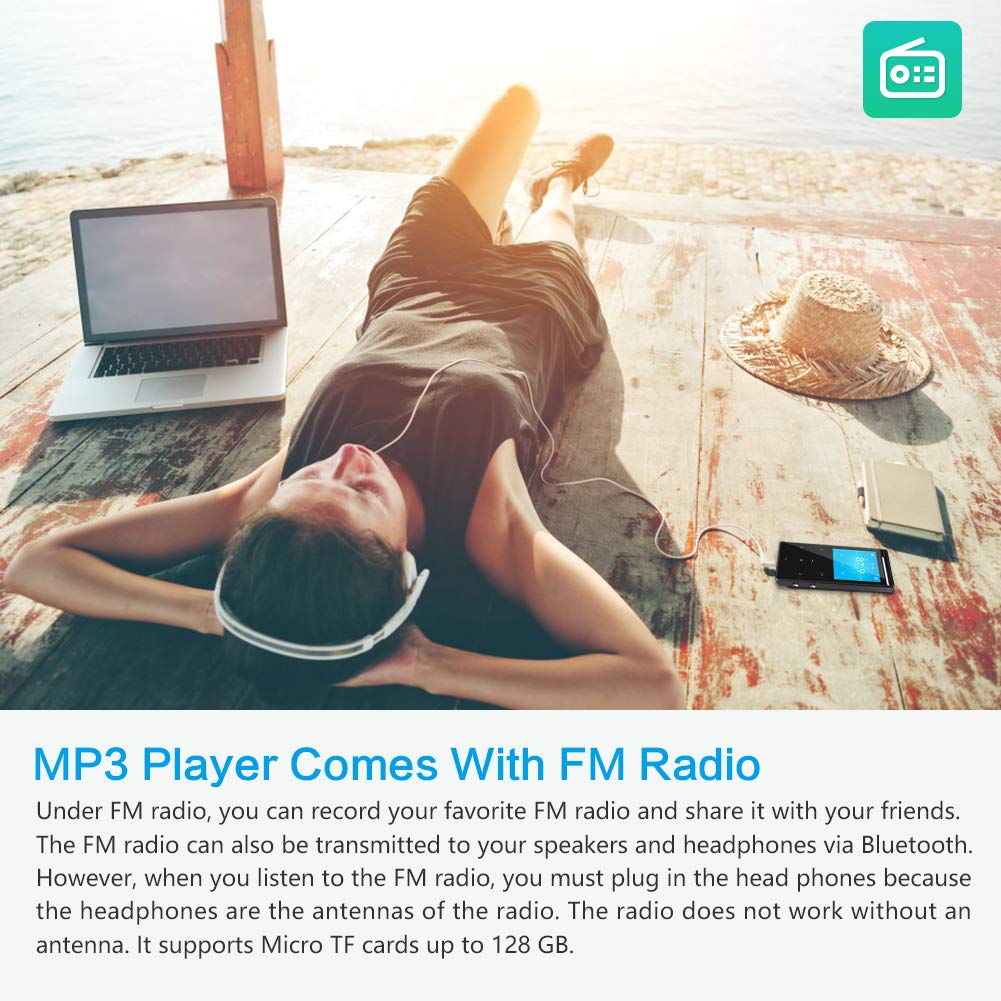 64GB MP3 Player, MUSRUN MP3 Player with Bluetooth Armband, HiFi, AUX recording, Sleep timer, FM radio, FM recording, Matte Black