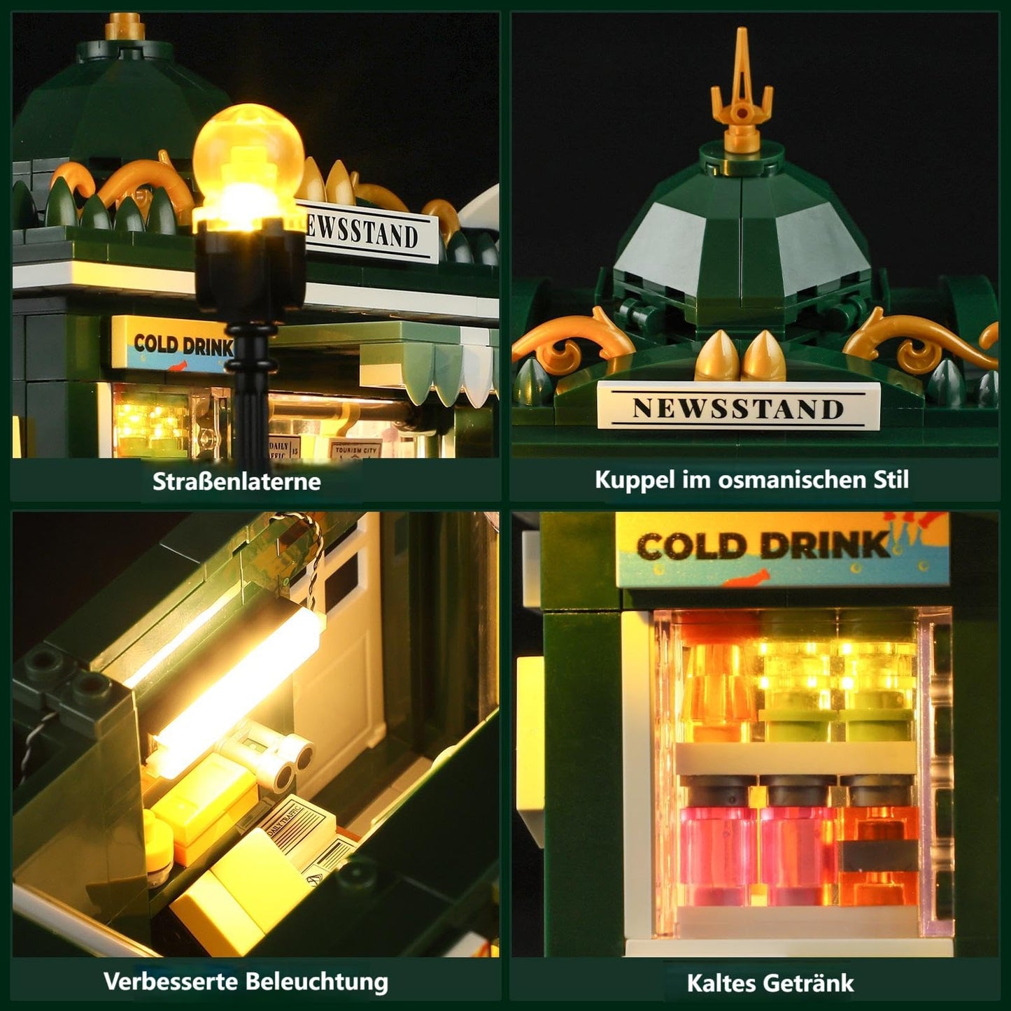 FUNWHOLE Kiosk Lighting Clamp Building House, Desk Decor, Retro Modular Building City Life Set, Gift for Adults and Teens, 556 Pcs, F9023, Newsstand