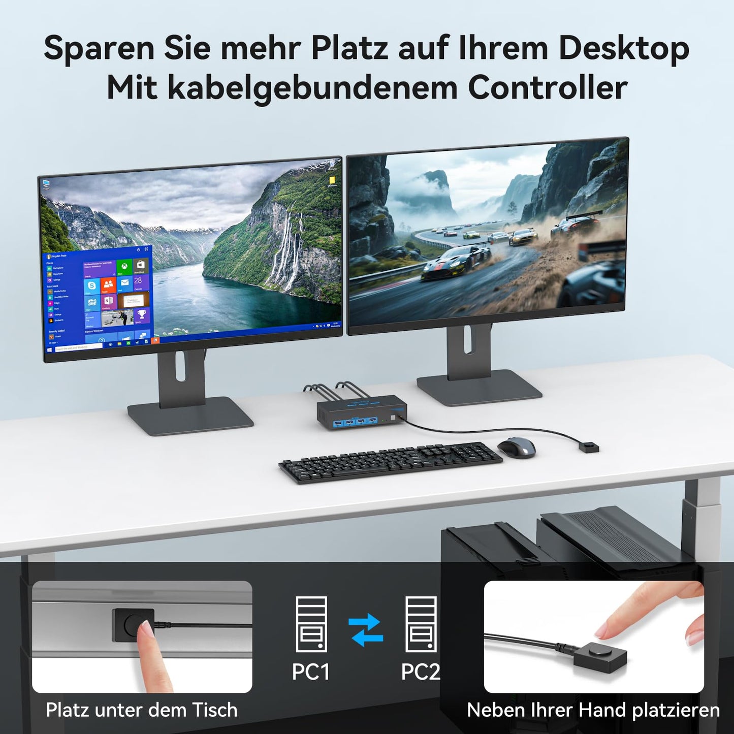 CMSTEDCD 8K60Hz DisplayPort KVM Switch allows you to control 2 PCs with 2 monitors and 4 USB 3.0 ports. Supports 4K@120Hz, dual computer compatibility with Windows and Linux. Includes desktop controller.