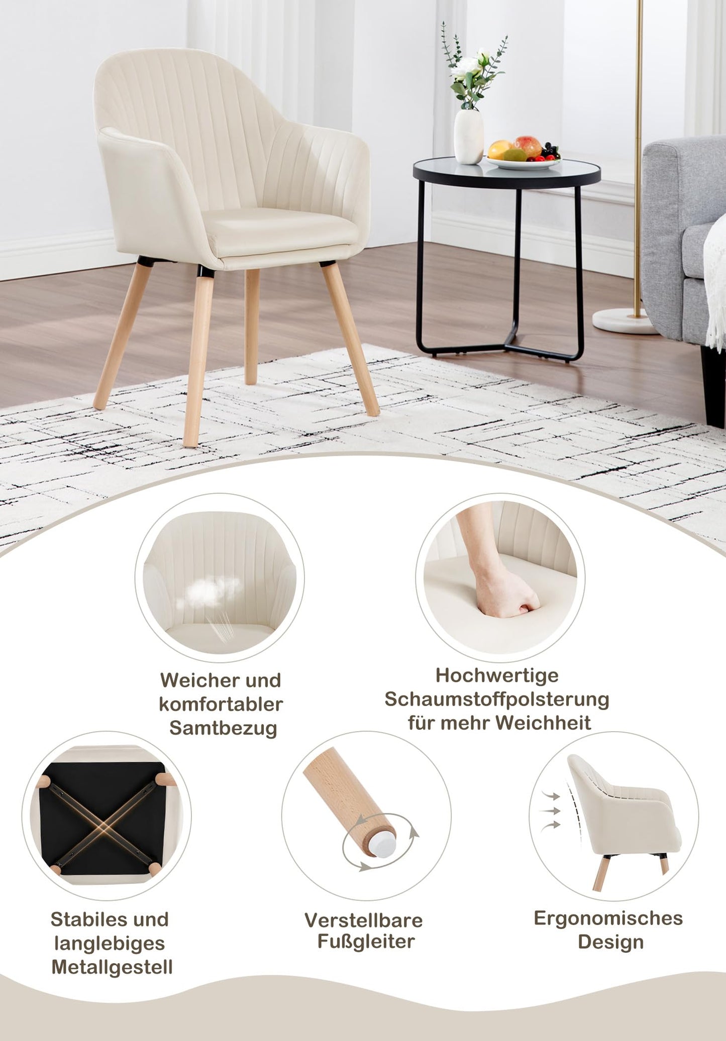WOLTU dining chairs set of 4 kitchen chair living room chair upholstered chair design chair with armrest velvet solid wood cream white BH95cm-4