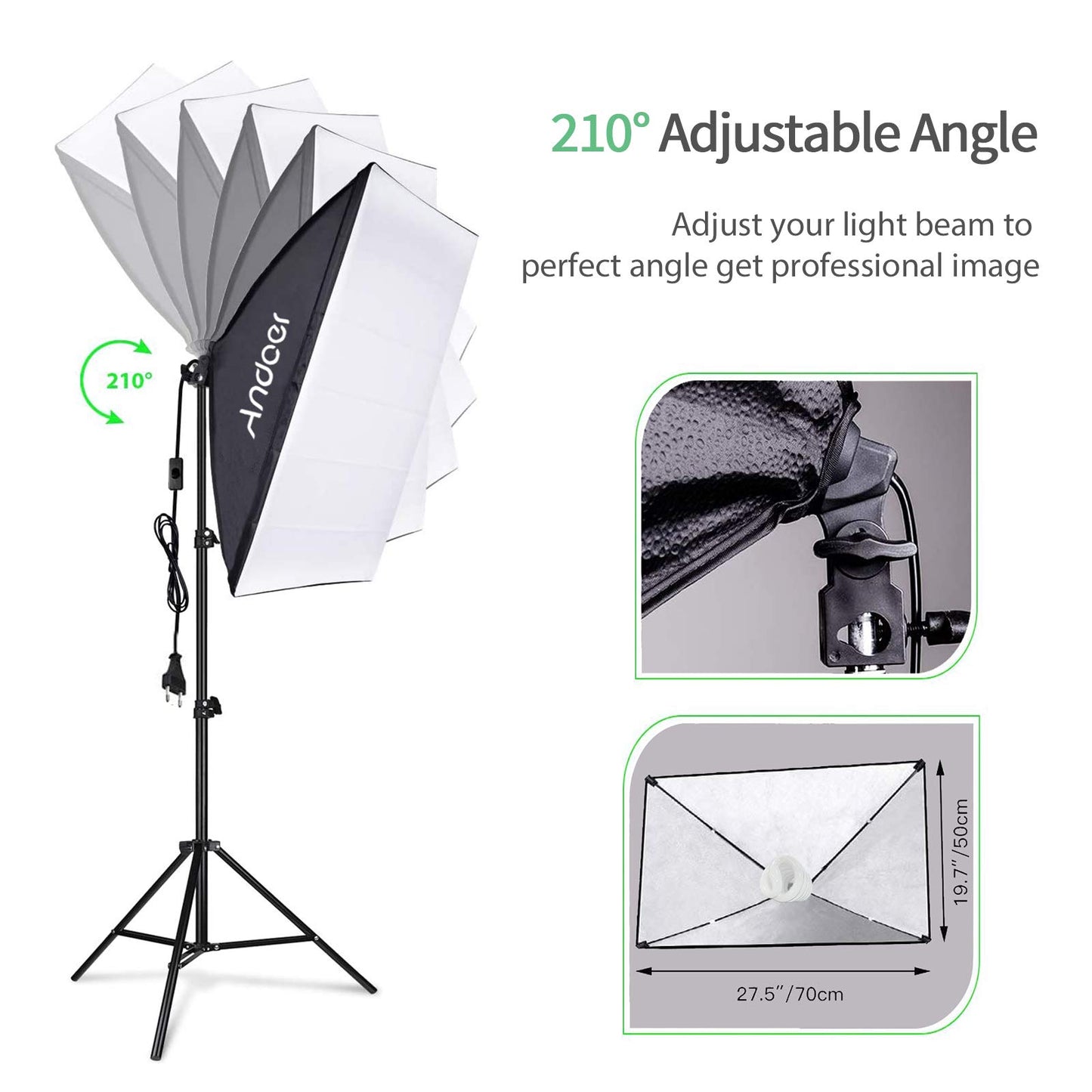 Andoer Photo Studio Kit, 1.8M x 2.7M Background Support System (Green Black White) with Softbox, Continuous Light, White Soft Light Umbrella, Reflector for Portraits, Product Photography, and Video Recording