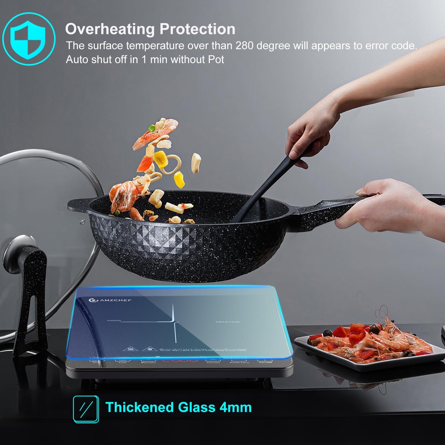 AMZCHEF Induction Cooktop, 2000W Single Induction Hob with slim design, 20 power levels, 20 temperature settings, safety lock, 3-hour timer, black