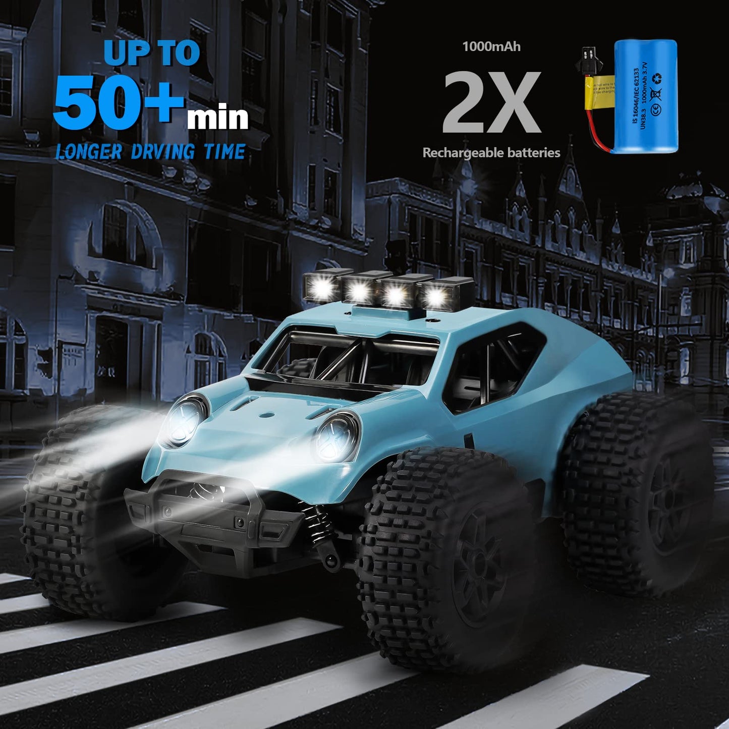 Kizeefun Remote Control Car, 2.4Ghz 1/20 RC SUV 20 km/h All Terrain, Electric Toy, Off-road with 2 BATTERIES 50min Playtime and LED Headlights, Gift for Kids