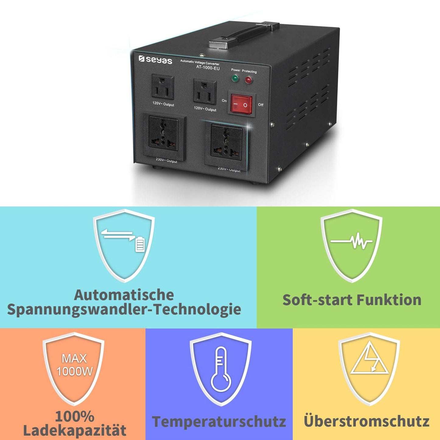 SEYAS 1000W Voltage Converter USA Voltage Converter 220V to 110V Transformer Automatically Step Up & Step Down with U.S. Patent (1000W)