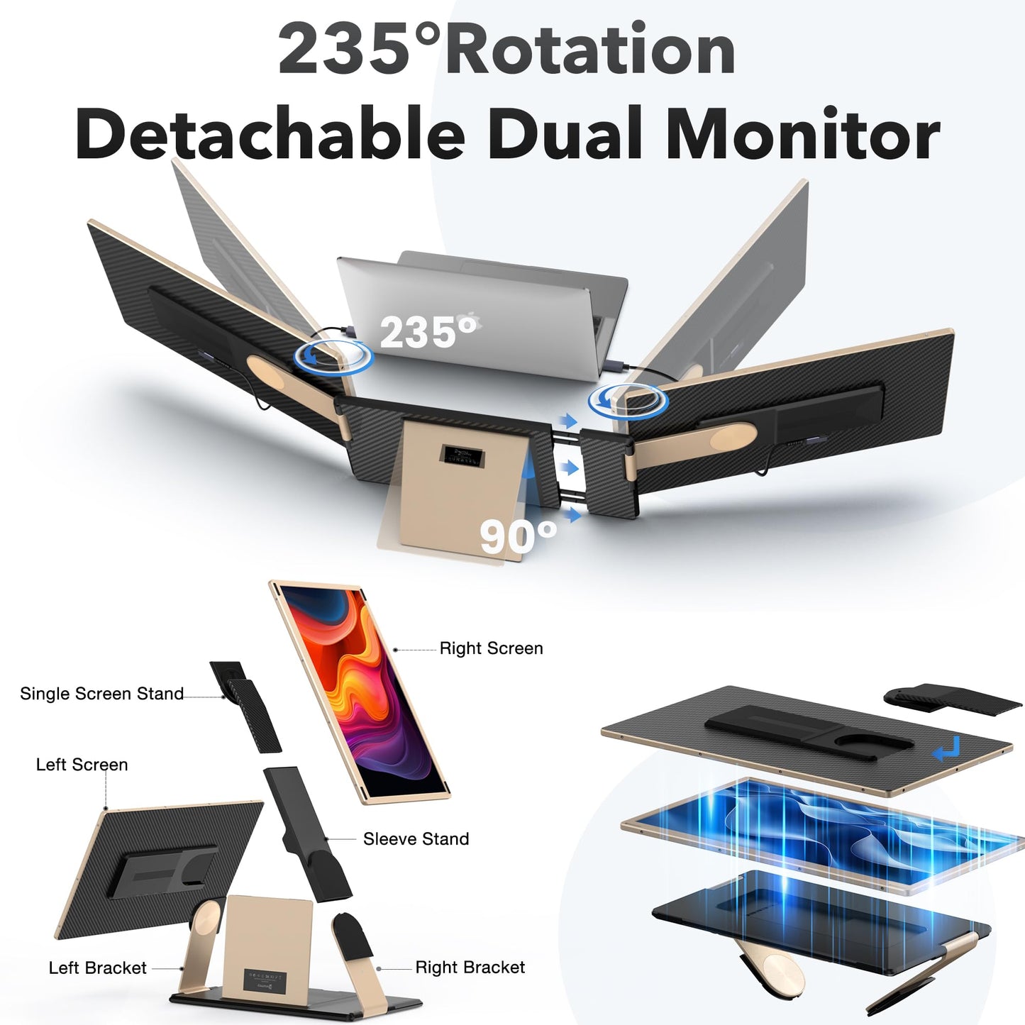 Kwumsy Portable Monitor for Laptop - 15.6 inch FHD 1080P Laptop Screen Extension for all laptops, 90°-235° rotatable/detachable screen, compatible with 13-17.3" laptops (not wider than 16.9")
