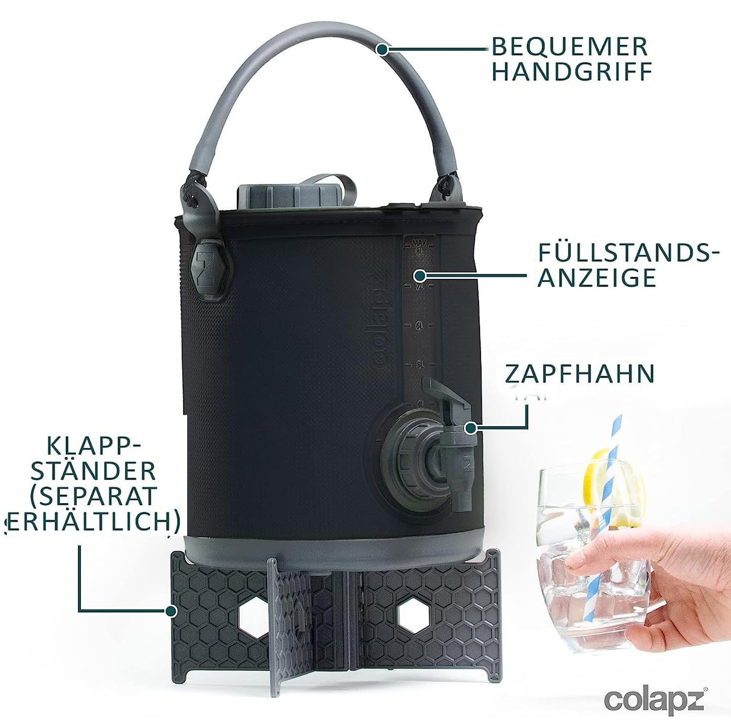 Colapz 2-in-1 Foldable Water Container with Tap - BPA-free drinking water tank & foldable bucket for camping, vanlife, offgrid, festivals & outdoor adventures - Grey