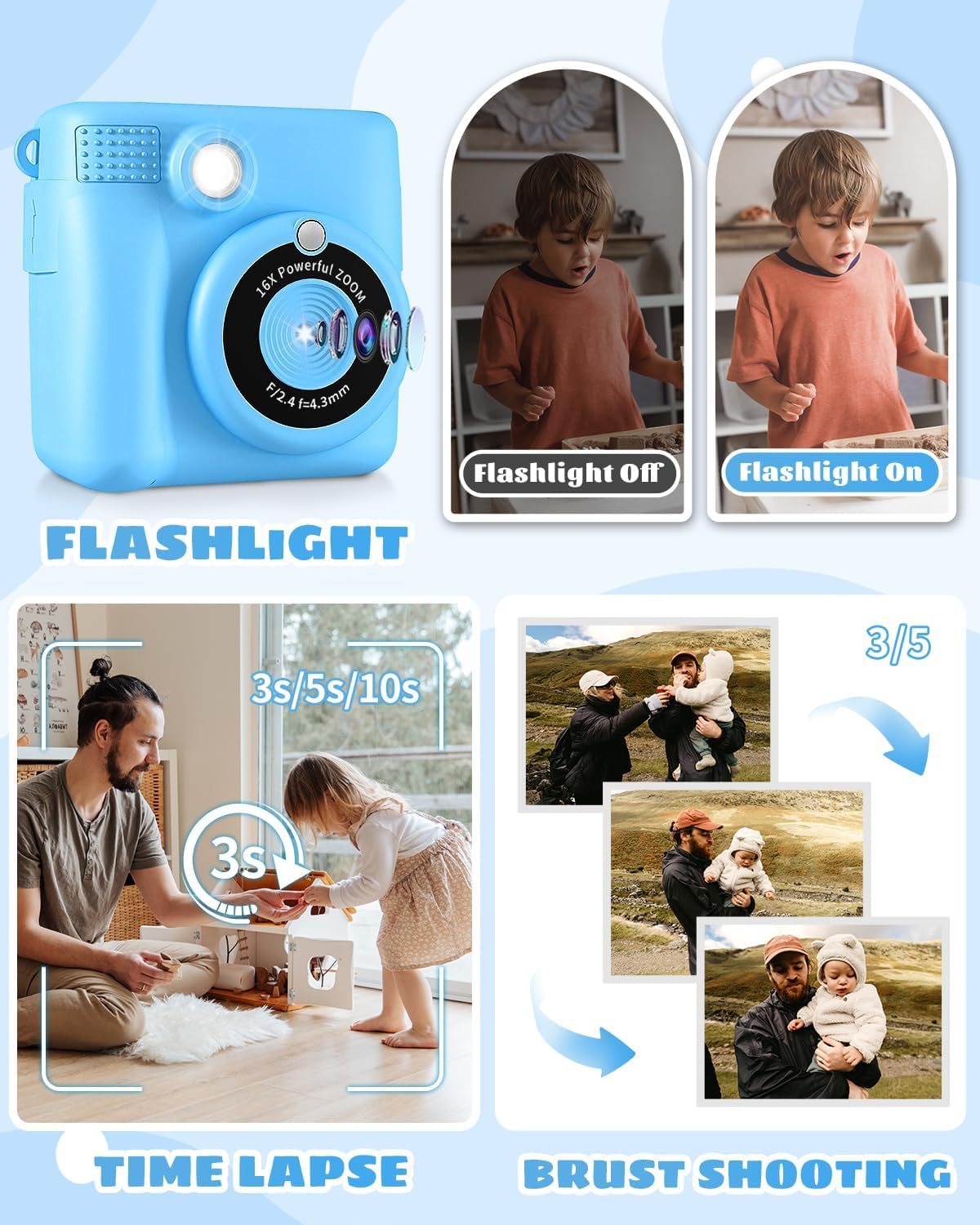 Kids Camera Toy, 2.4 inch Screen DIY Instant Camera for Kids, 1080P HD Video Digital Camera with 32GB SD Card & Printing Paper, Gift for Girls & Boys aged 3-14 (Blue)