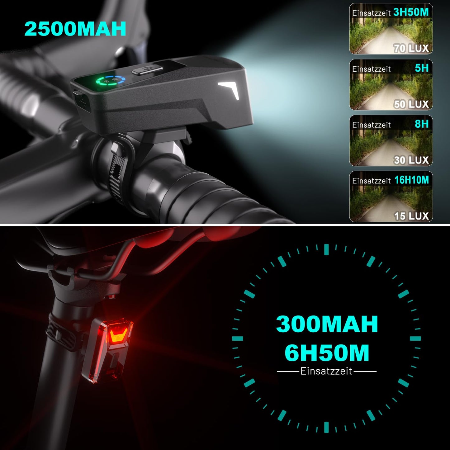 TECHCYC bicycle light set with light sensor, up to 70 lux LED bike lamp, StVZO approved bike lighting, USB rechargeable bike lamp, IPX6, 2500 mAh front bike lights & 300 mAh rear light.