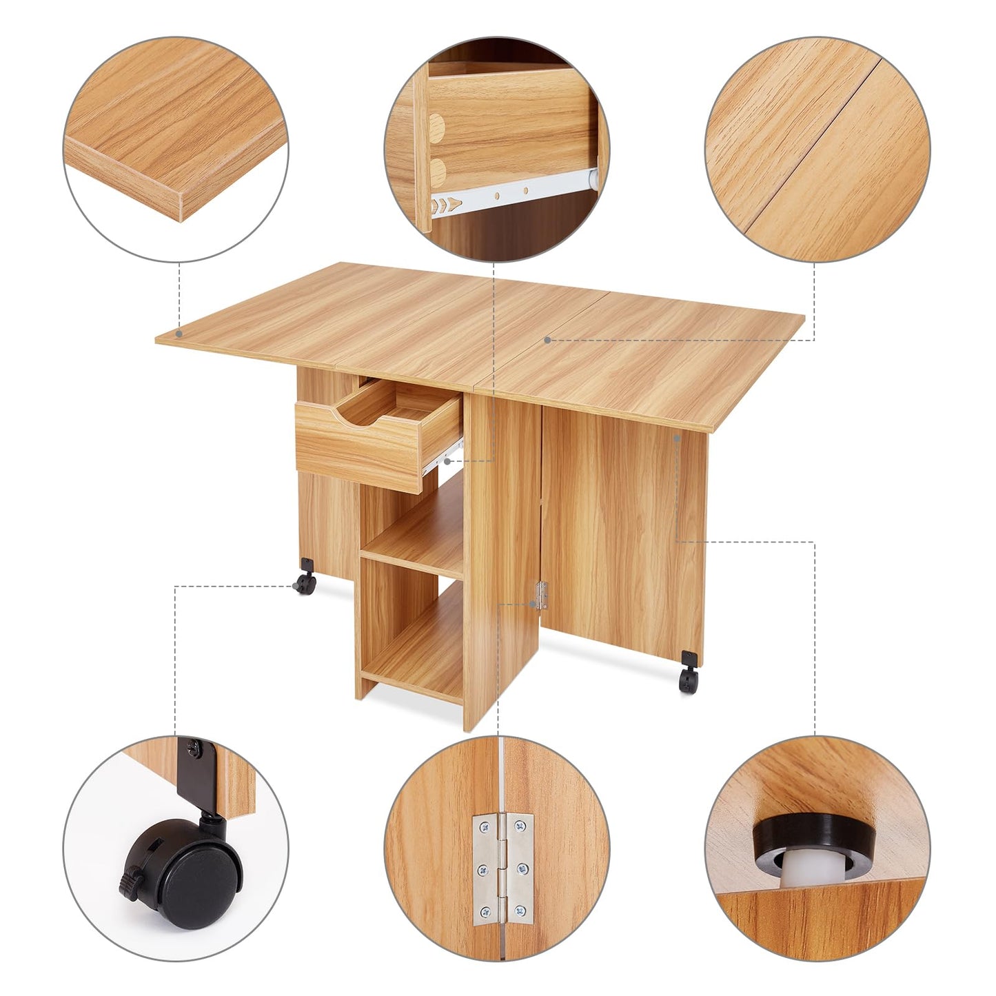 Mondeer Mobile Folding Table, Foldable Dining Table Suitable for Small Spaces with 1 drawer and 2 shelves for dining room and kitchen, 72 x 120 x 75 cm, Red Oak