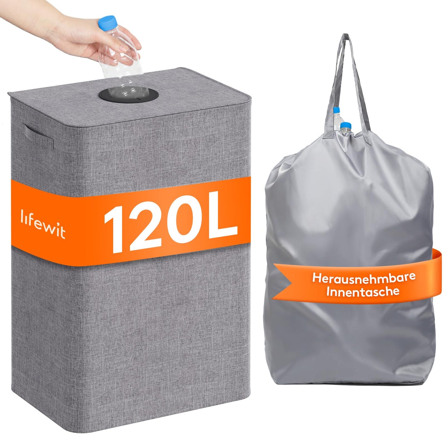 Lifewit 120L Bottle Collection Bin with Lid, Large Bottle Storage, Container for Empty Bottles & Glass Storage, Bottle Collector with Hole, Kitchen Pantry Bottle Bag, Light Grey