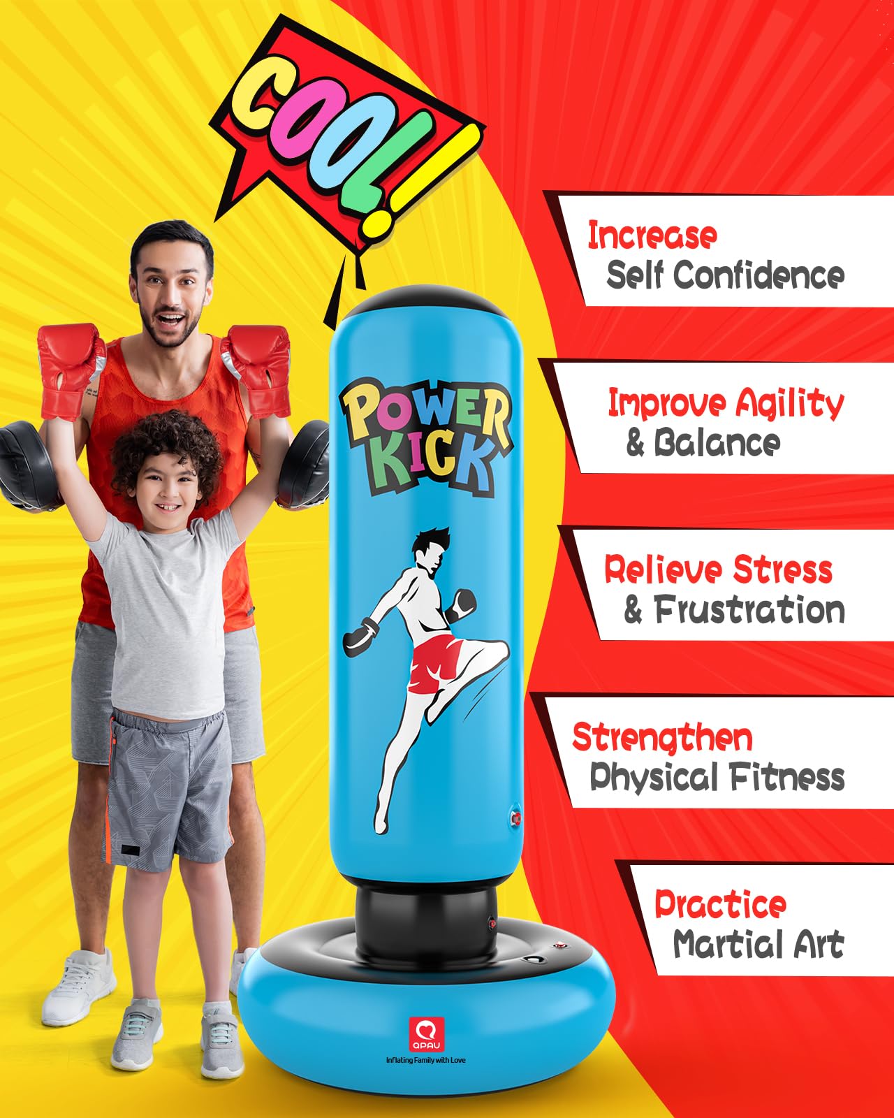 QPAU Kids Punching Bag, 168cm tall, gifts for boys and girls ages 5-12 for practicing Karate, Taekwondo, MMA, and releasing pent-up energy (Blue)