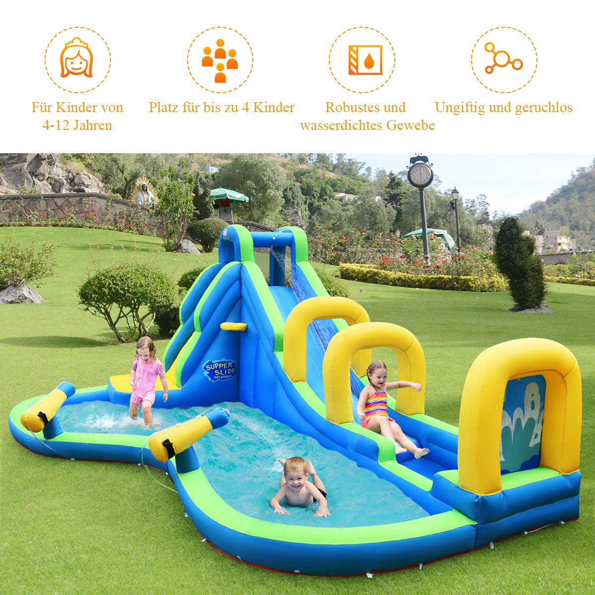COSTWAY Inflatable Bounce House Water Slide Play Pool, Water Play Center with Slide, Inflatable Water Park, Splash Pool 478x366x242cm (Bounce House Only)