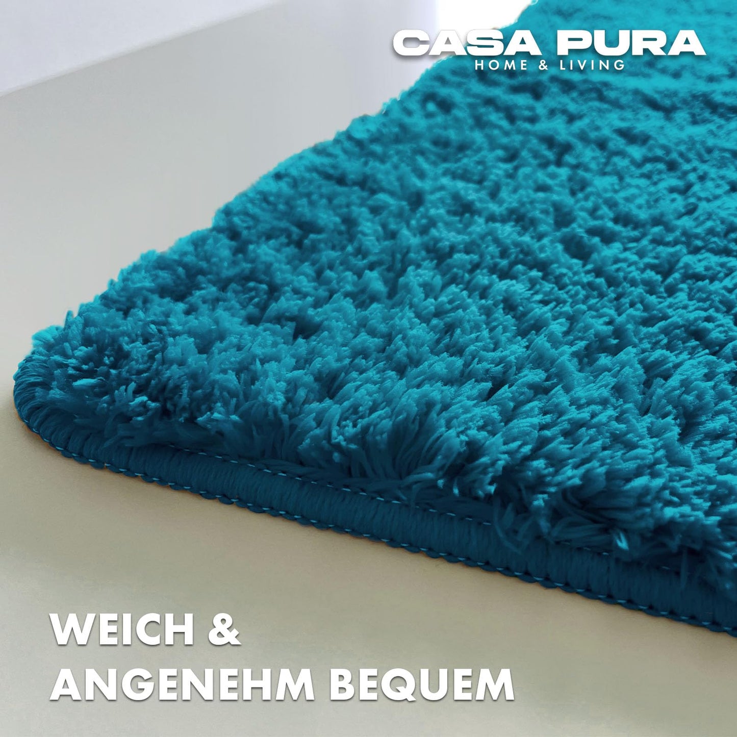 casa pura turquoise bath mat soft, fluffy bathroom rug in shaggy look, non-slip washable bath mat - shower mat, carpet floor mat for bathroom, shower 60x100 cm, Sky Soft