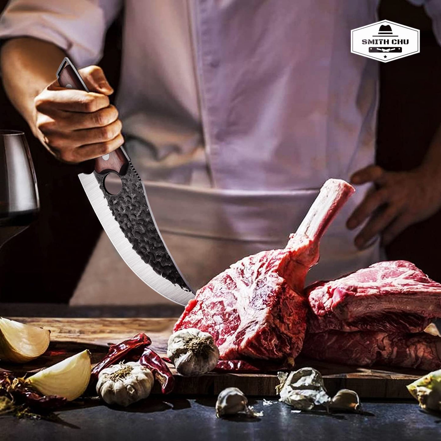 SMITH CHU hand-forged boning knife with leather sheath. Professional kitchen knife, portable camping knife, high carbon steel butcher knife. Full tang multipurpose BBQ tool for home and outdoor use.