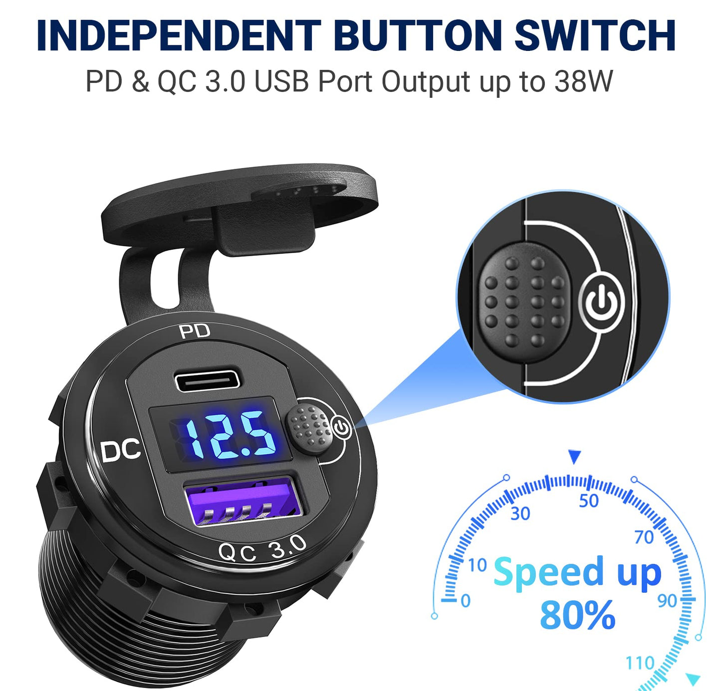 Cigarette Lighter Socket 12V USB Flush Mount Socket: Qidoe Aluminum Alloy 20W PD3.0 Car USB Outlet Waterproof Voltage Monitor 12V Socket 300W 24V Socket QC3.0 for Car Boat RVs