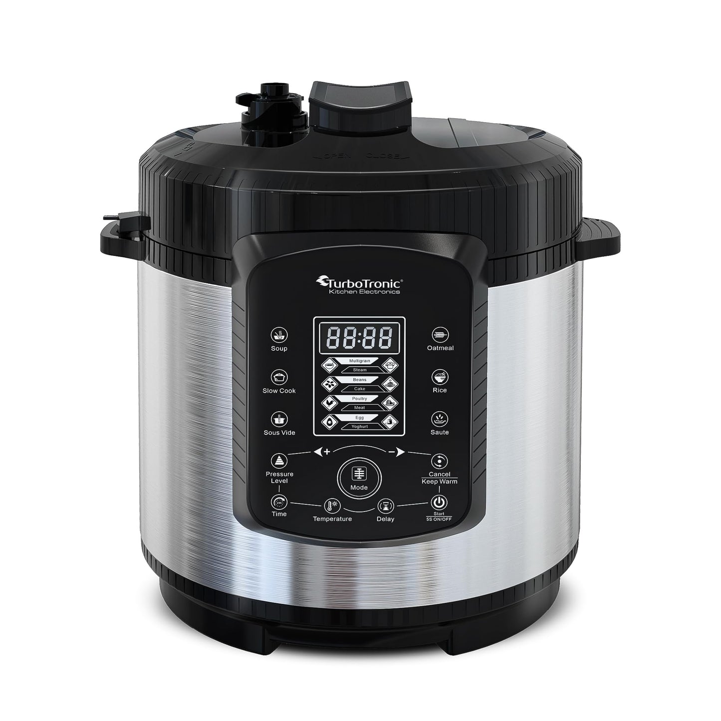 TurboTronic Pressure Cooker 6L with 2x stainless steel and coated pot, steamer, multi cooker, electric pressure cooker, steam cooker Silver