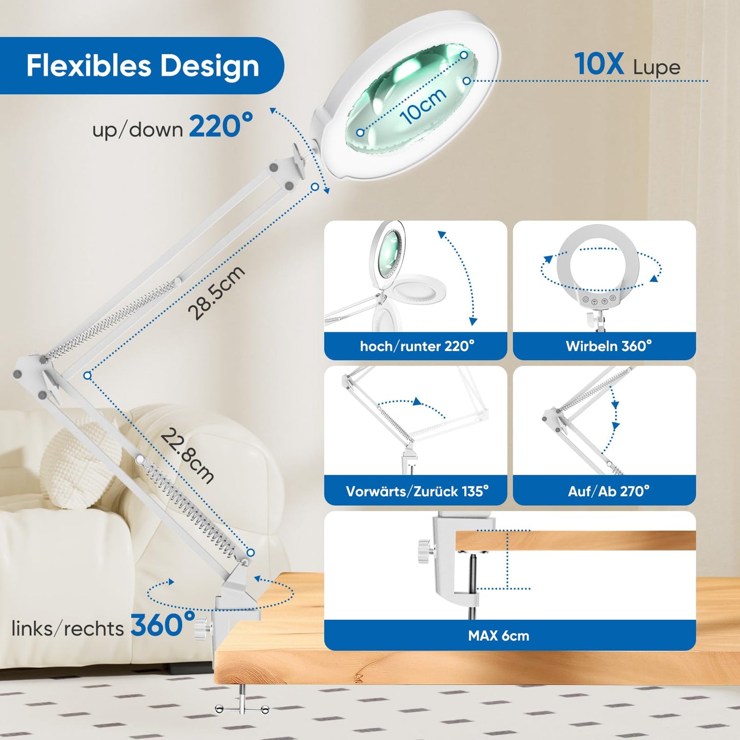 Mandland 2pcs 10X Magnifying Glass with Light and Clamp, illuminated magnifier made of real glass with 5 colors & stepless dimming, hands-free desk lamp for hobbies, crafts, reading, and close work (White)