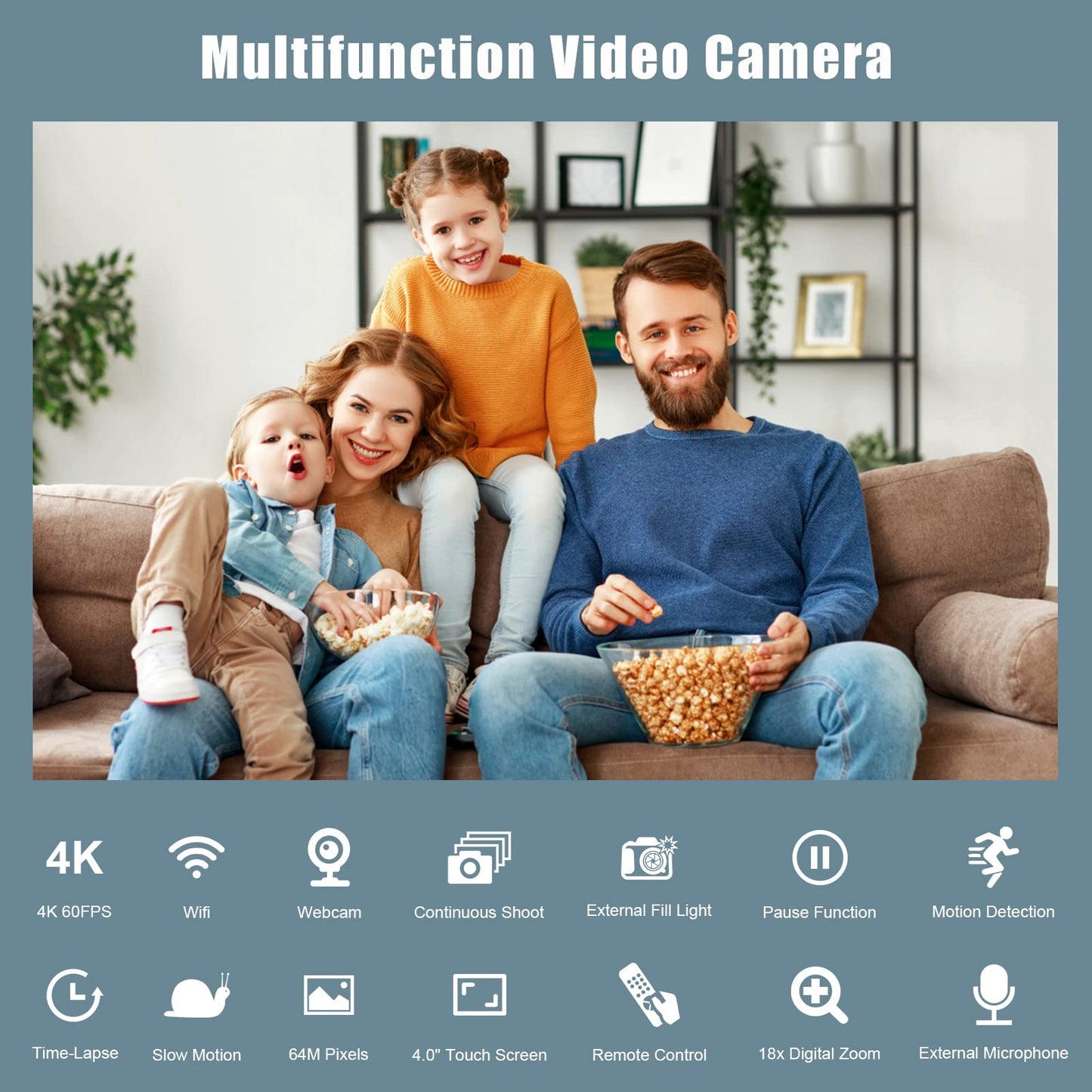 4K video camera camcorder 60FPS 64MP 18X digital zoom auto focus vlogging camera for YouTube, 4.0" touch screen HD WiFi video camera with 4500mAh battery, 64G SD card, stabilizer, microphone, and remote.