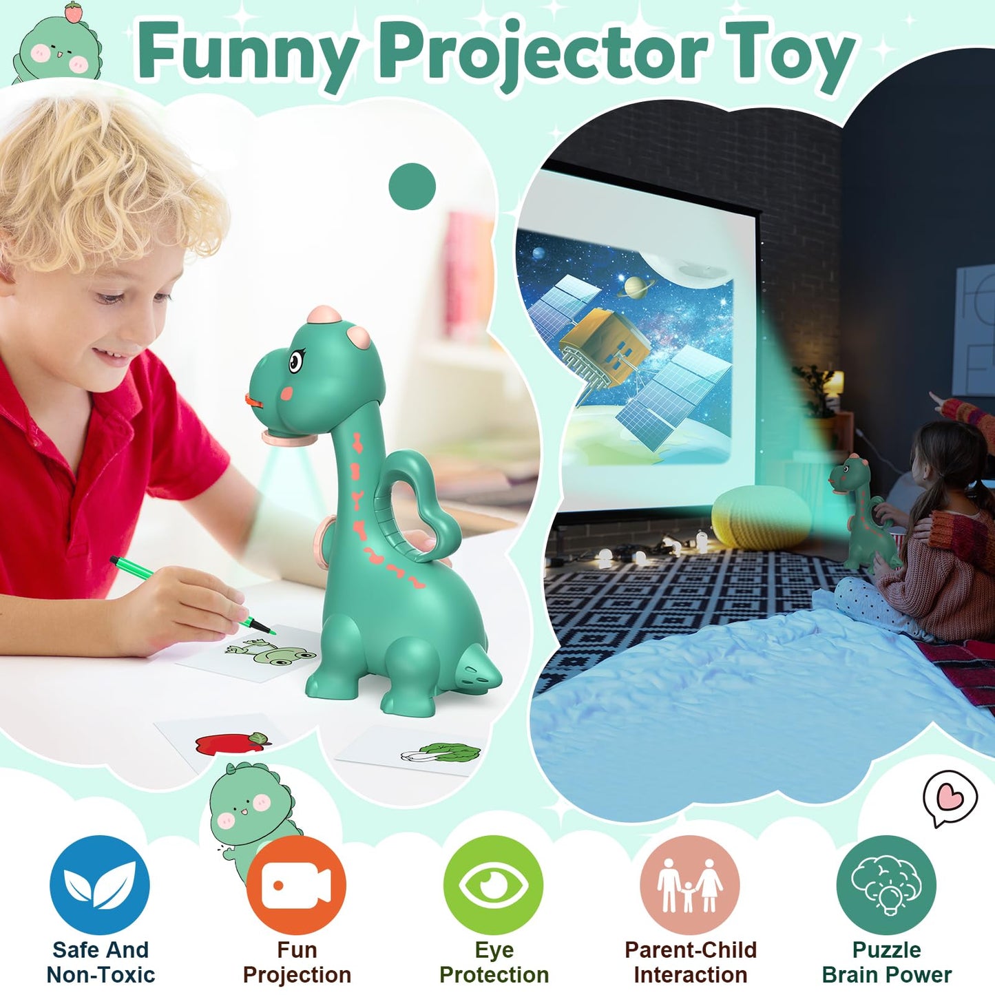 KETIEE Character Projector for Kids Boys Girls Toy, 2-in-1 Projection and Drawing Projector with 96 Patterns Dinosaur Gifts for 3 4 5 6 7 Year Old Boys Girls Magic Board(Green)
