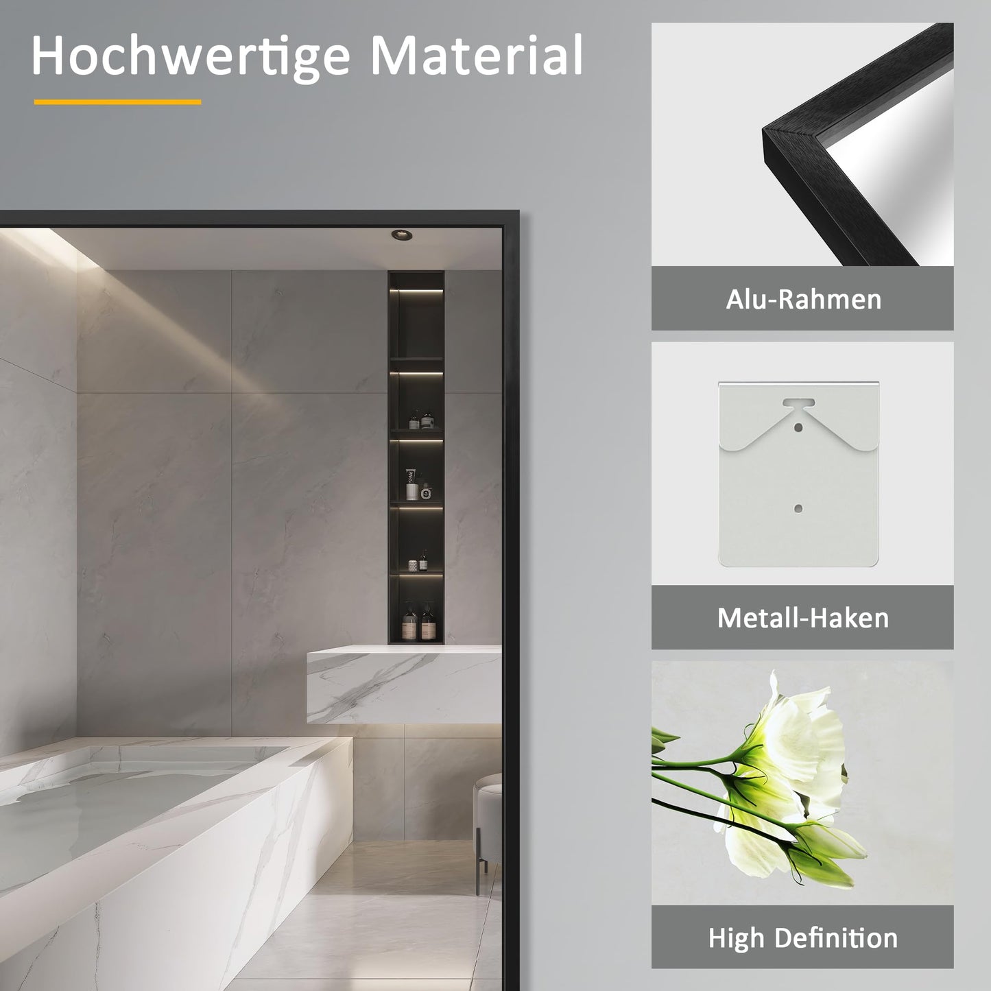 Goezes Black Mirror 50x70cm Bathroom Mirror Black Metal Frame Decorative Bathroom Wall Mirror for Bathroom, Living Room, Guest WC
