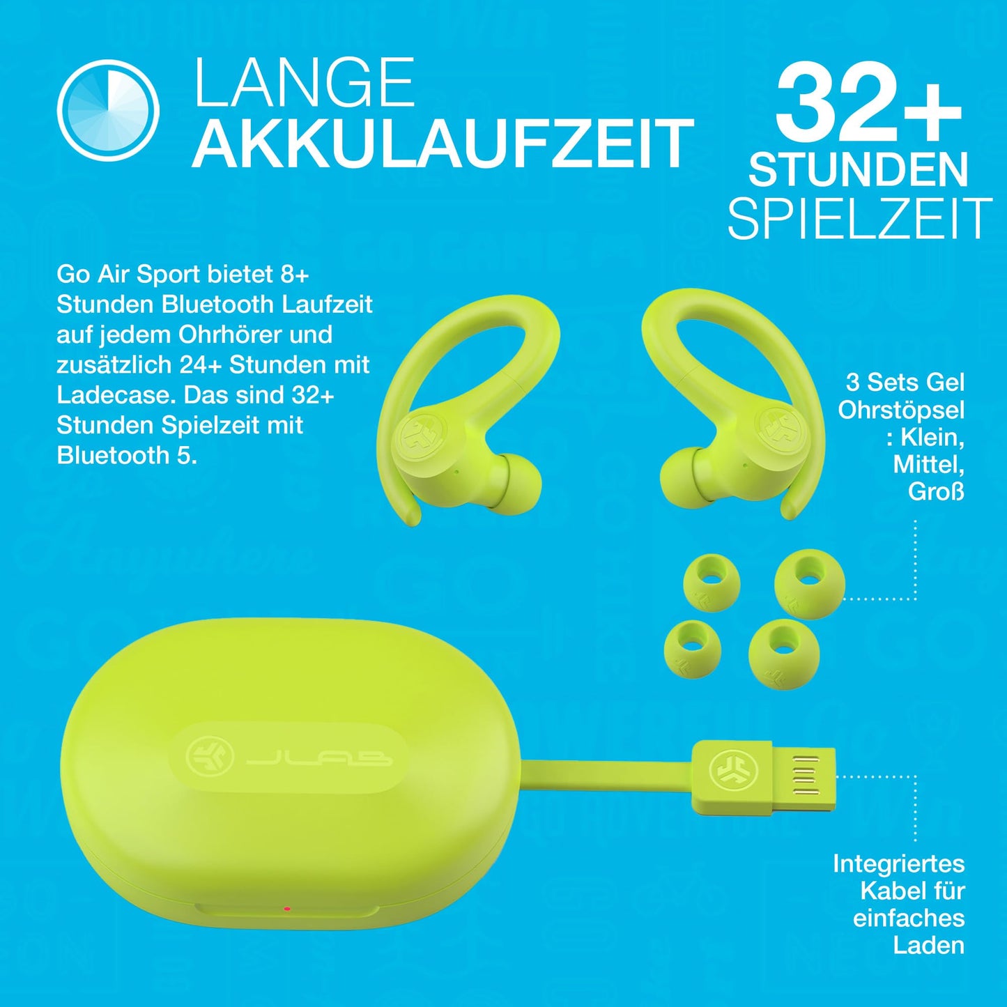 JLab Go Air Sport, wireless in-ear headphones, Bluetooth Sport headphones - Sport earbuds, 32+ hours, USB charging case, 3 EQ sound - True wireless headphones for gym, running, teal.