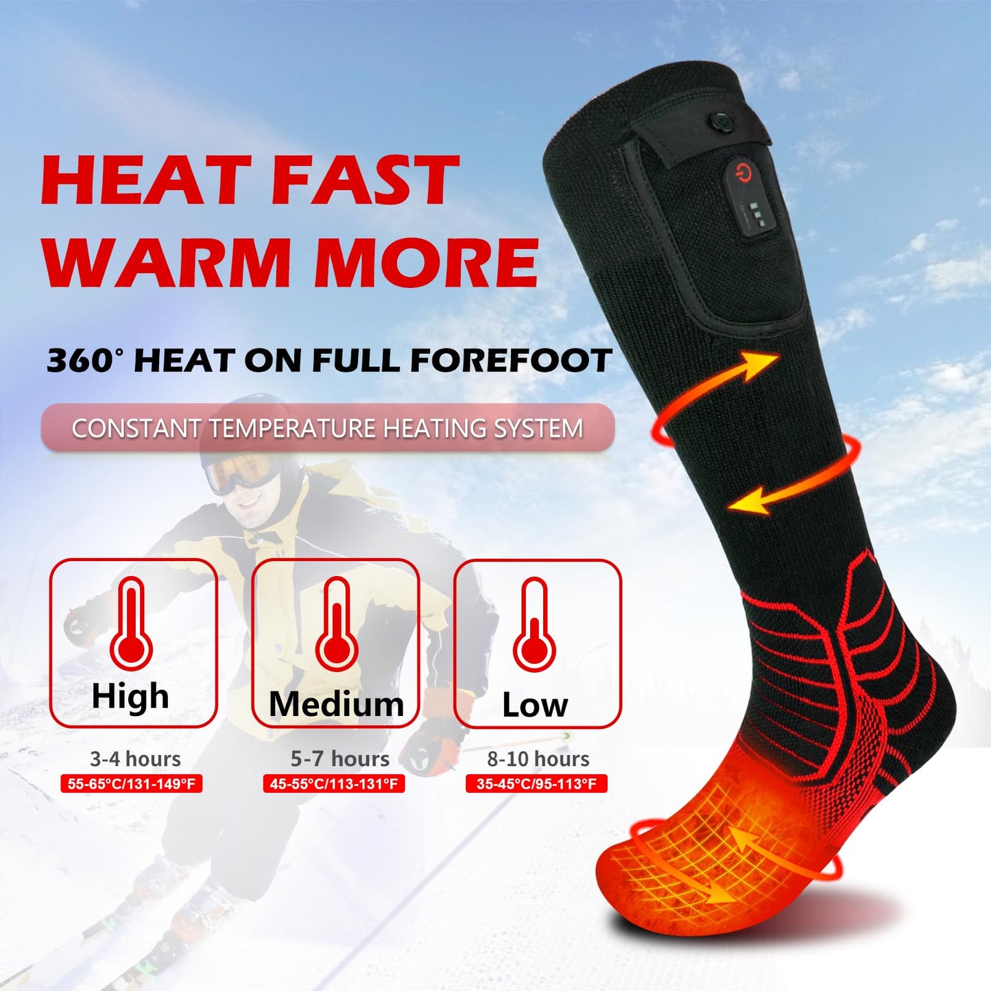 DR. WARM Heated Socks Men Women, 7.4V 3000MAH Electric Rechargeable Battery Socks, Winter Cotton Socks Foot Warmer (Black/Red, L)