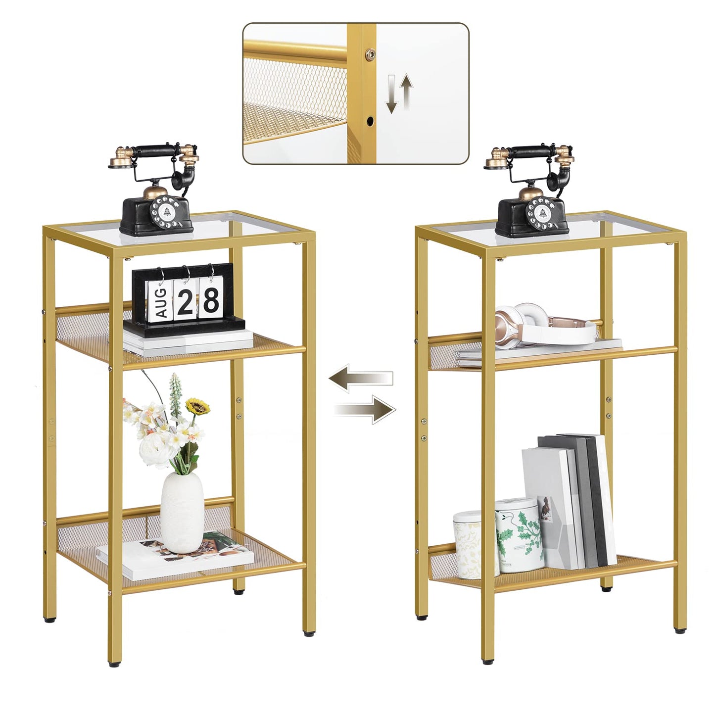 HOOBRO Side Table Gold, Telephone Table, 3-Tier Nightstand with Tempered Glass Top and Grid, Coffee Table for Living Room, Bedroom, Gold Color EGD04DH01