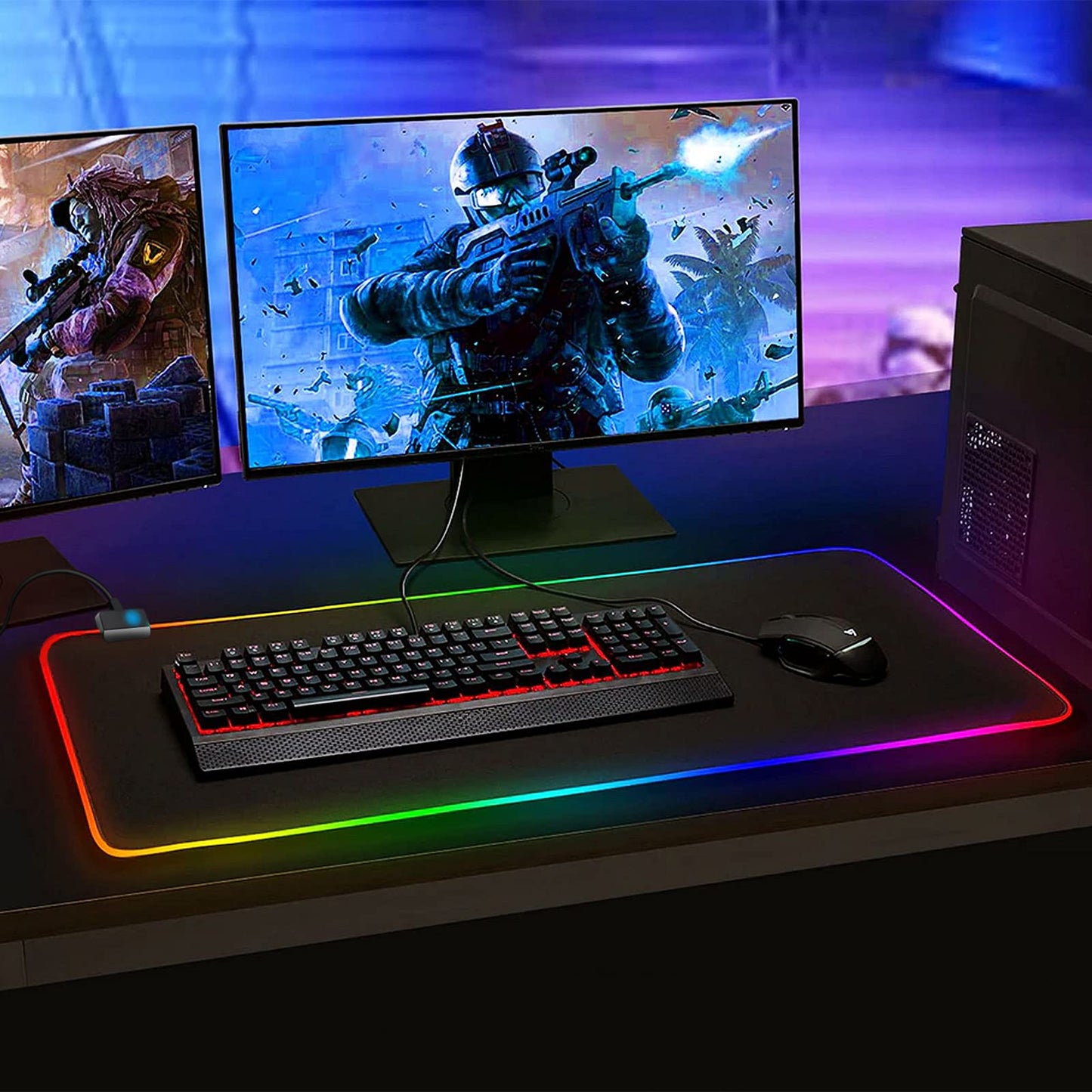 RGB gaming mouse pad 800x300mm XXL gaming mouse pad large with 14 lighting modes 7 LED colors waterproof anti-slip for computer PC professional gamers, black