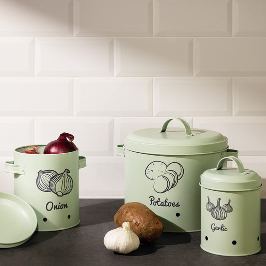 Navaris food storage containers set made of iron for potatoes, onions, garlic - dishwasher safe.