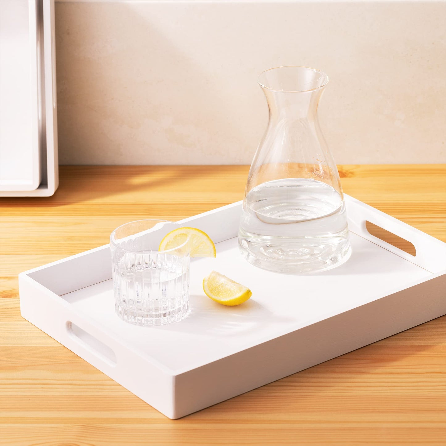 Navaris Bamboo Serving Tray - Set of 3 stacking serving trays in rectangular shape for snacks, appetizers, coffee, and drinks.