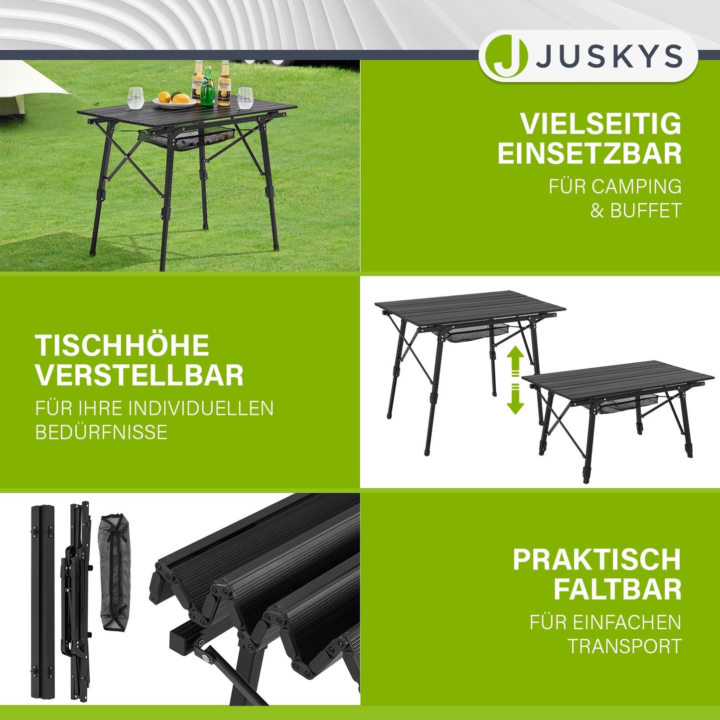 Juskys Camping Table Picco - Aluminum table 90 x 52 cm light, foldable, adjustable height - Camping, garden - Outdoor folding table - Garden table Black