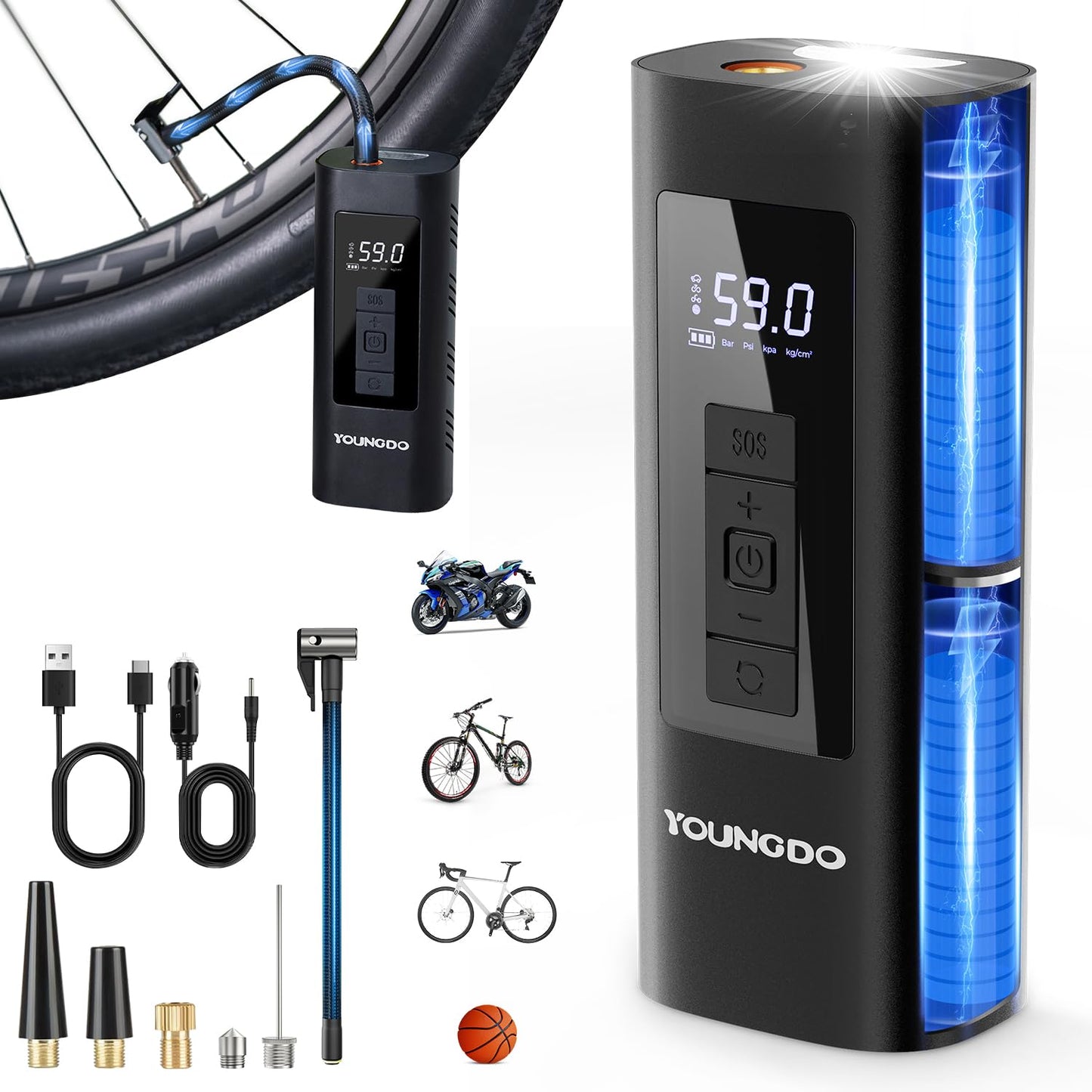 Electric air pump, YOUNGDO bicycle pump, bicycle pump 150PSI, battery compressor 6000mAh, pump for all valves for bike, motorcycle, car.